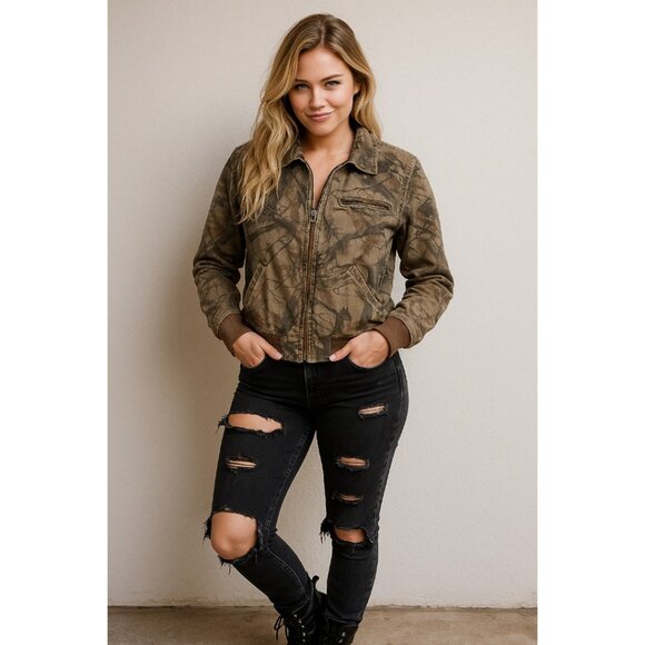Hollister Women’s Camo Bomber Jacket M – Woodland Zip-Up Streetwear - Picture 1 of 13